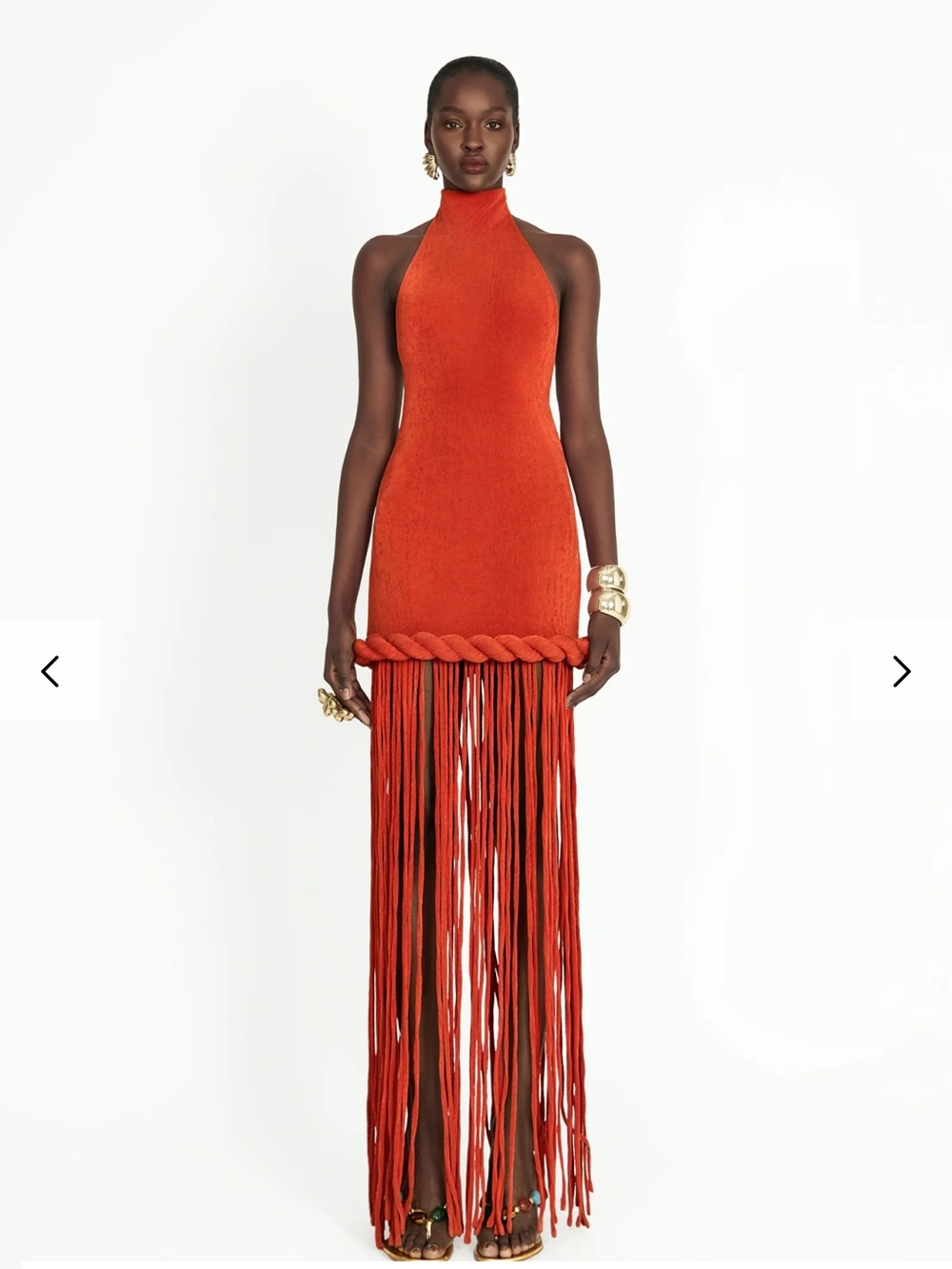 High-Neck Orange Maxi Dress with Braided Fringe